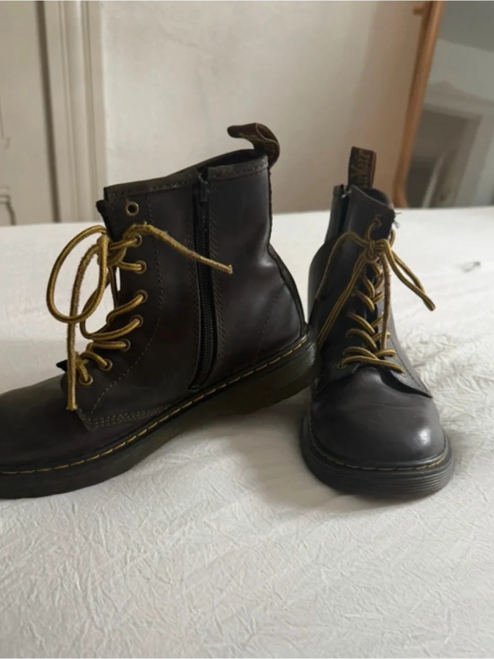 Dr. Martens Kids Brown Leather Lace-Up Boots with Yellow Laces